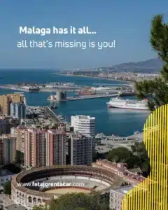 Aerial view of Málaga city, port and bullring — the scenery a discover Málaga rental car trip opens up from the airport