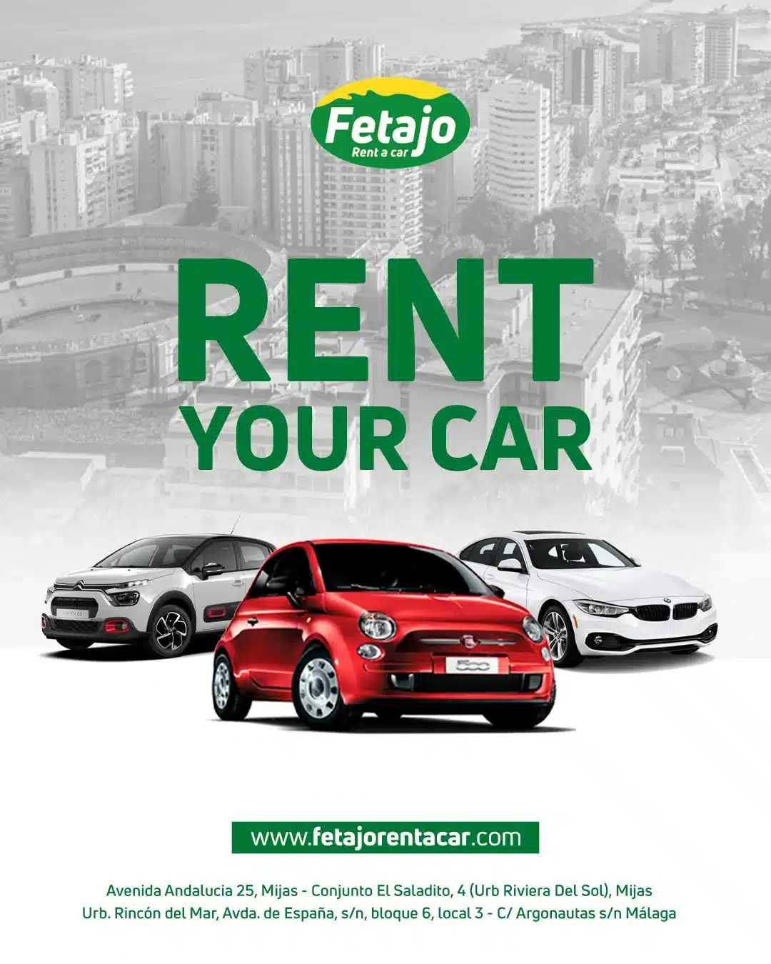 Fetajo Rent a Car fleet with compact, SUV and convertible options for a discover Málaga rental trip from the airport