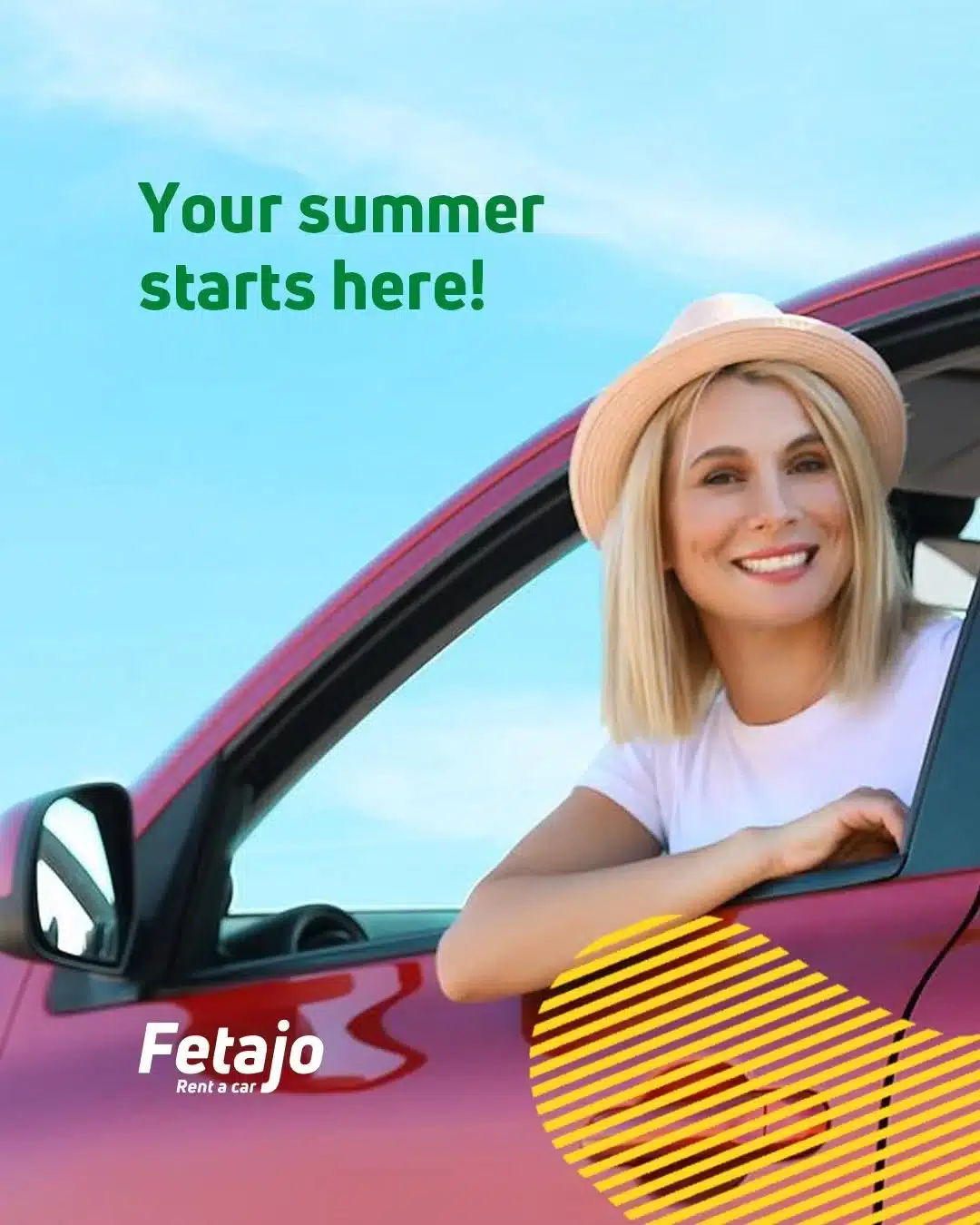 Smiling woman in a straw hat leaning out of a red Fetajo family car rental Málaga vehicle on a sunny summer day