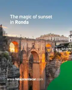 Sunset view of the Puente Nuevo bridge in Ronda, perfect day trip when exploring Ronda by car from Málaga