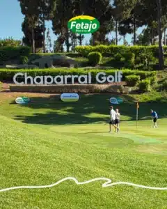 Golf in Mijas: the El Chaparral Golf Club sign and green sponsored by Fetajo Rent a Car