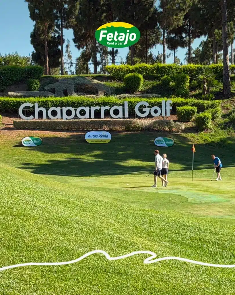 Golf in Mijas: the El Chaparral Golf Club sign and green sponsored by Fetajo Rent a Car