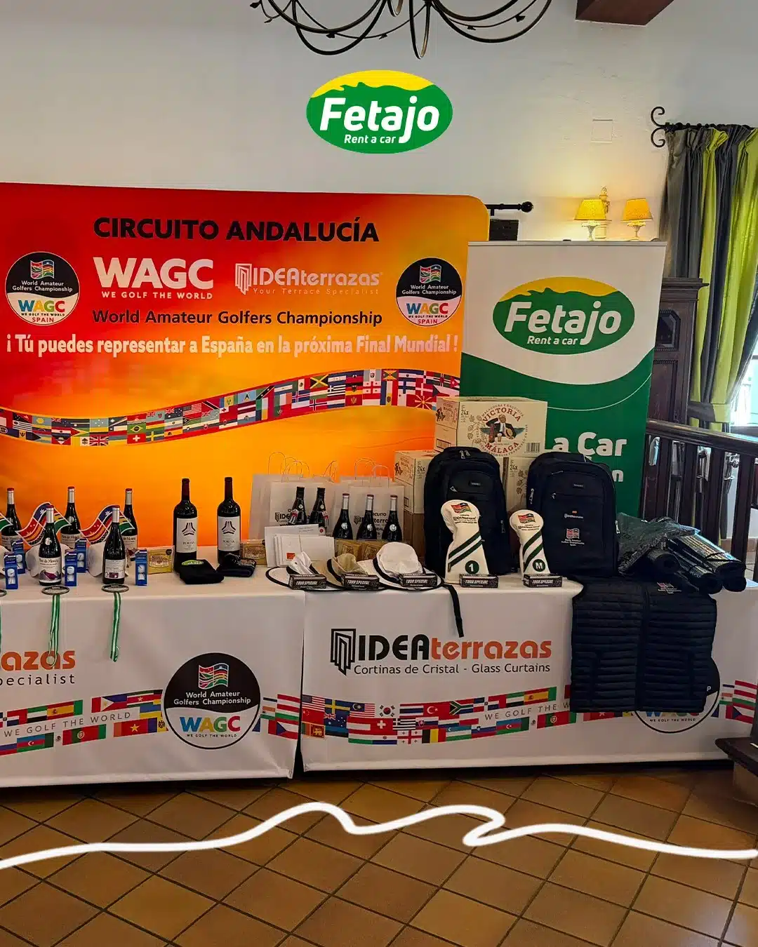 WAGC trophies and prizes at the El Chaparral golf tournament in Mijas sponsored by Fetajo Rent a Car