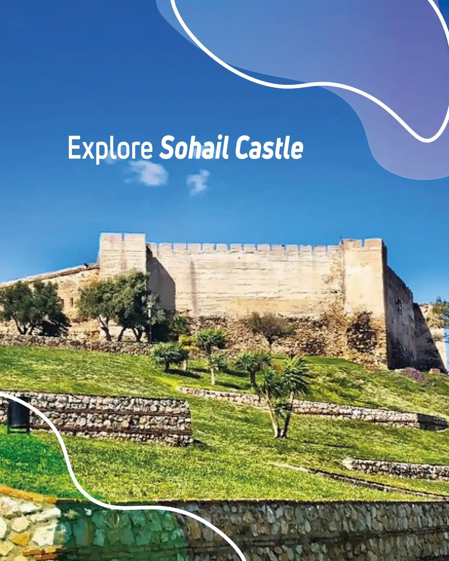 Car rental Fuengirola for Sohail Castle events — Fetajo graphic showing the historic castle above green grounds under a blue sky