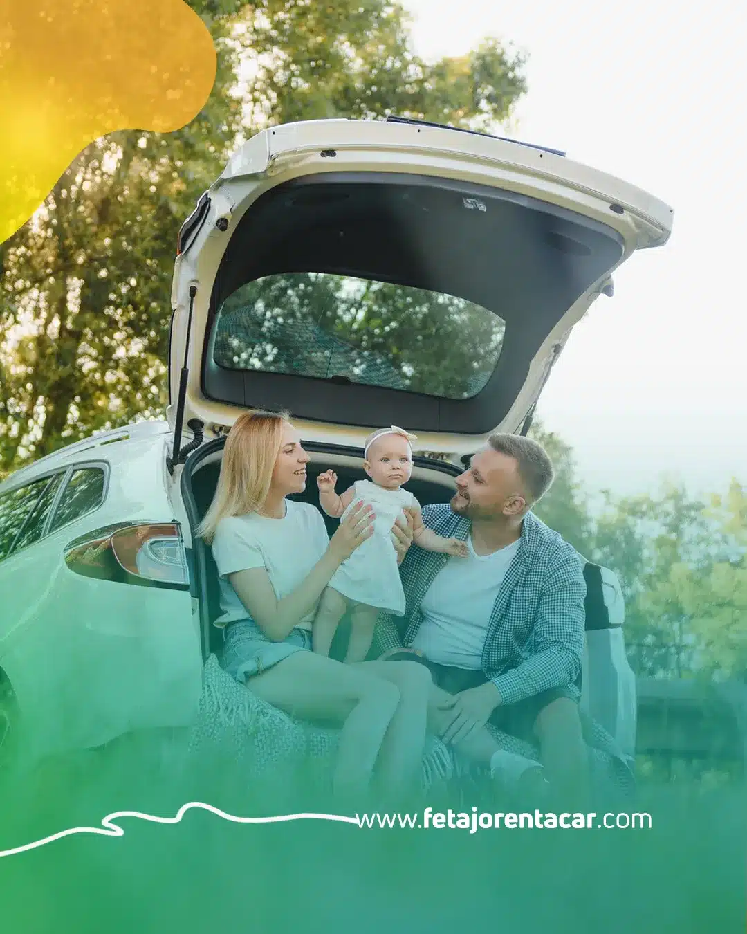 Car rental Fuengirola: family with a baby relaxing by the open boot of a spacious Fetajo car outdoors
