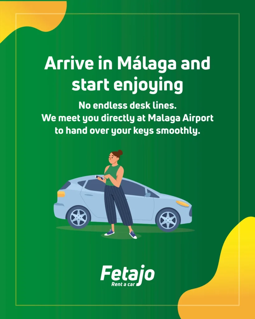 Family car rental Málaga airport pickup — Fetajo graphic with a traveller collecting keys beside a compact car