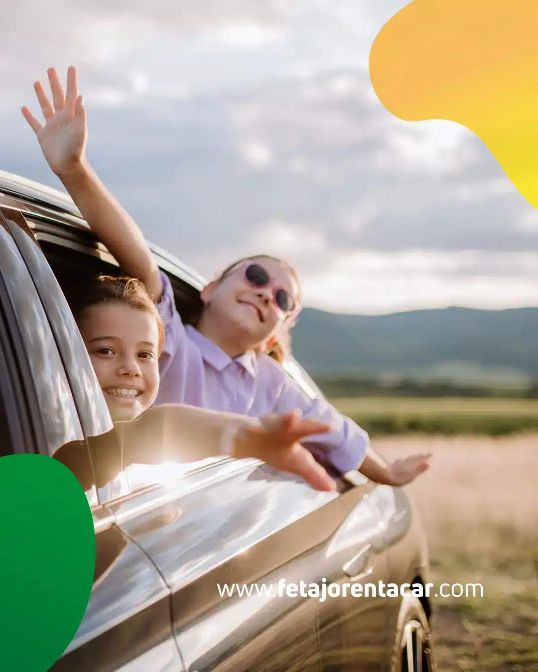 Excited girls waving out of a Fetajo rental car window on a sunny road trip towards the Sanlúcar horse races