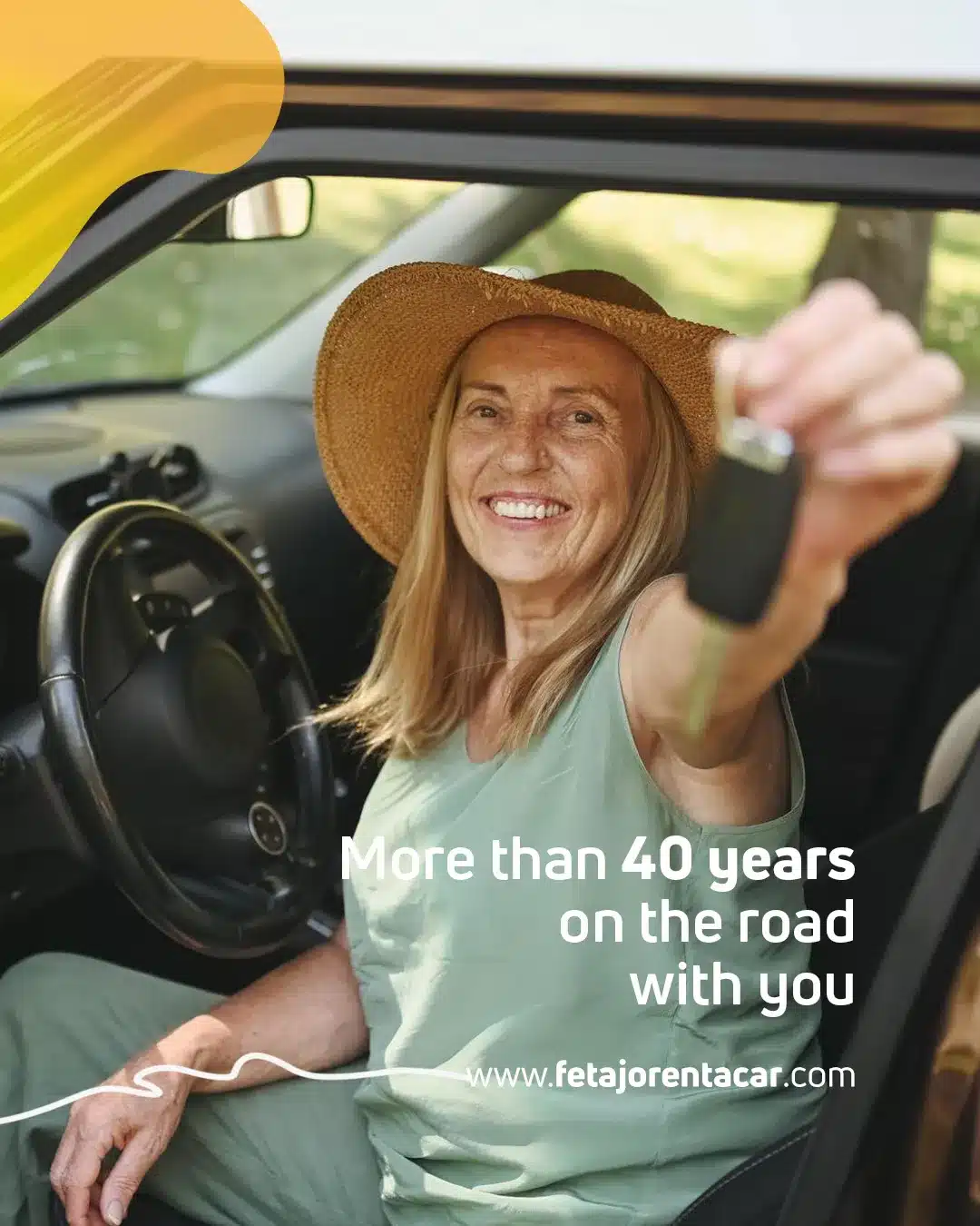 Smiling woman in a straw hat handing over car keys from the driver's seat, Fetajo Rent a Car