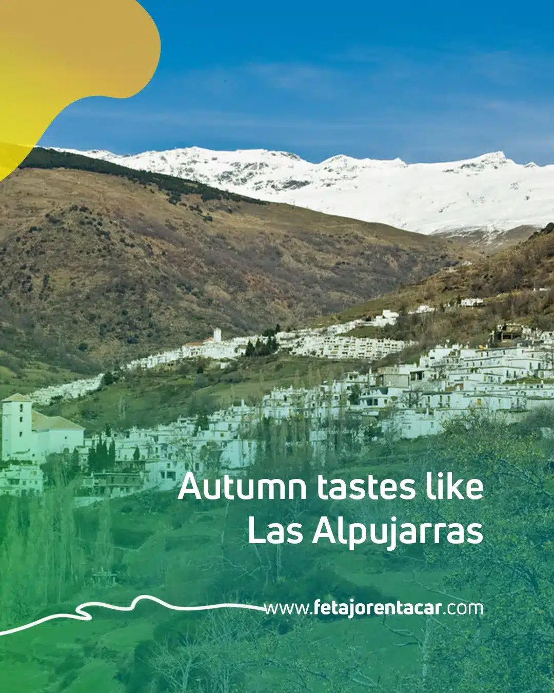 White villages of Las Alpujarras on the slopes of Sierra Nevada with snowy peaks, a road trip from Malaga Airport