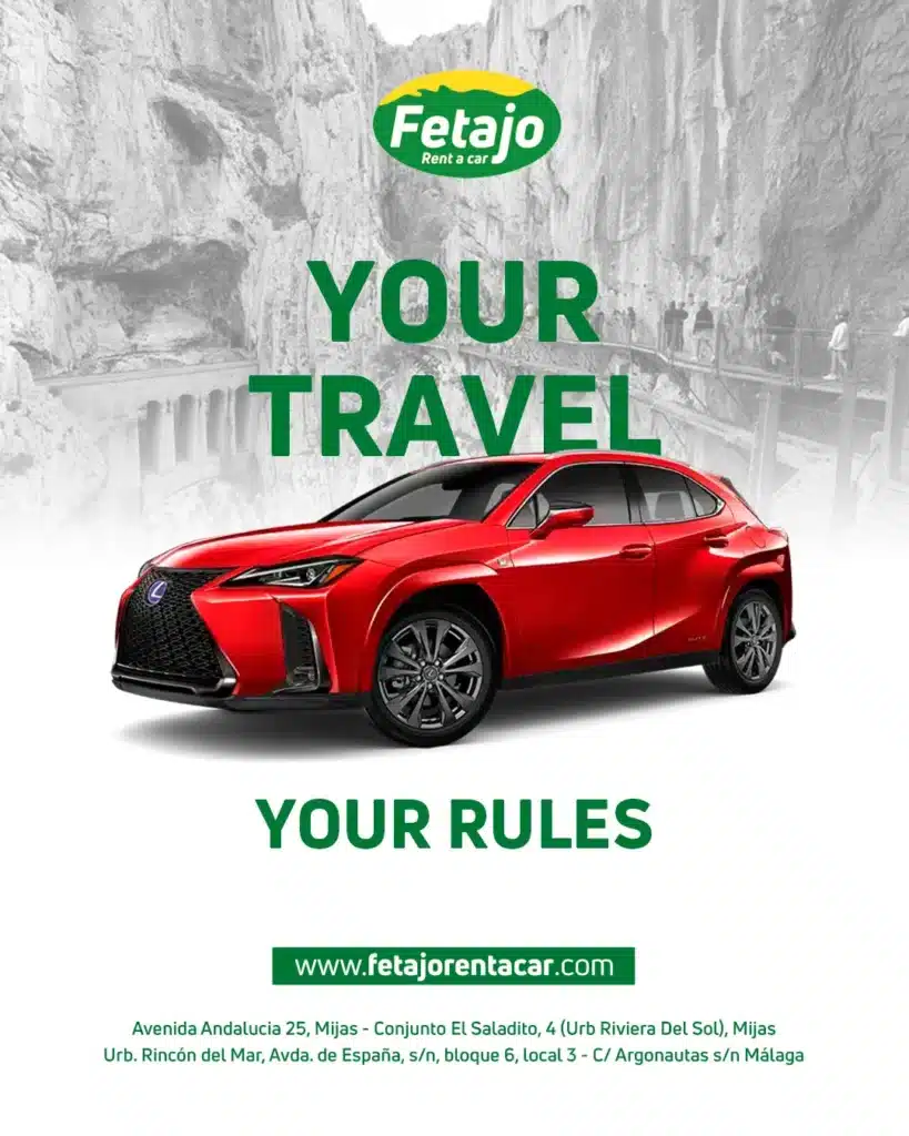 Red SUV in front of a mountain gorge with the words Your travel, your rules, advertising no deposit car hire with Fetajo Rent a Car